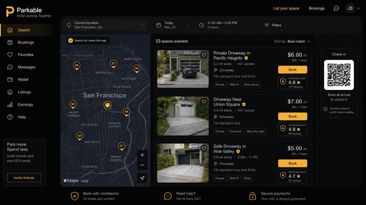 LumoroX Park interface showing a city map with priced parking pins, driveway listing cards with hourly rates and host trust scores, and a QR check-in panel.