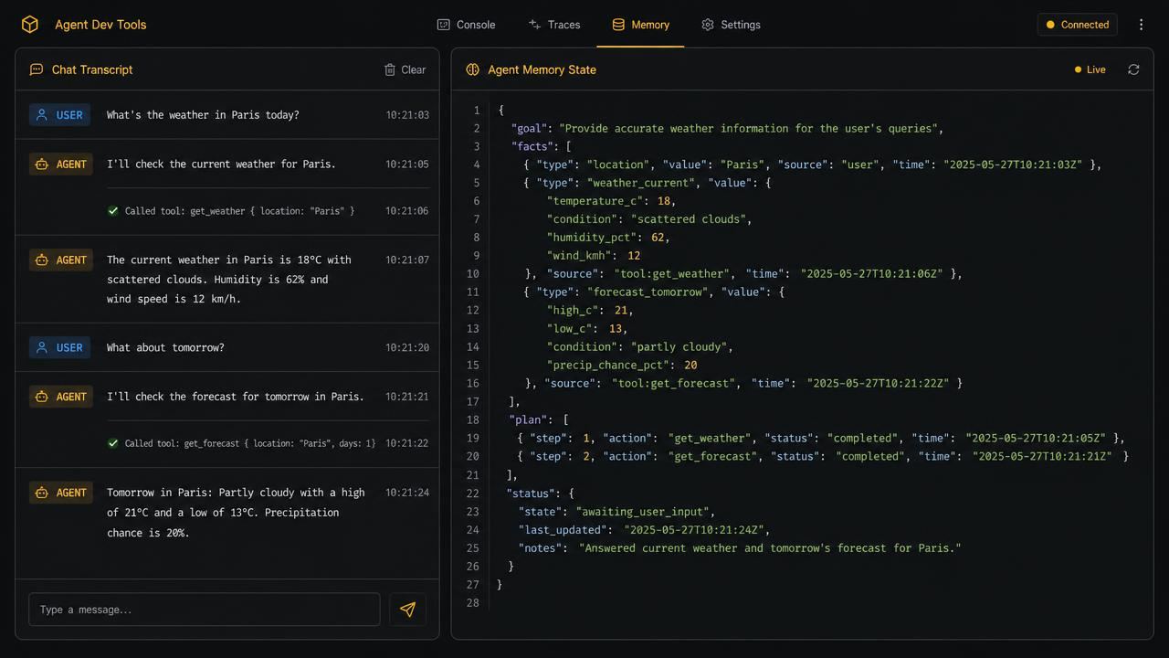 Developer tool interface with a multi-turn agent chat transcript including tool calls on the left and the inspectable JSON memory state with goal, facts, plan and status keys on the right.