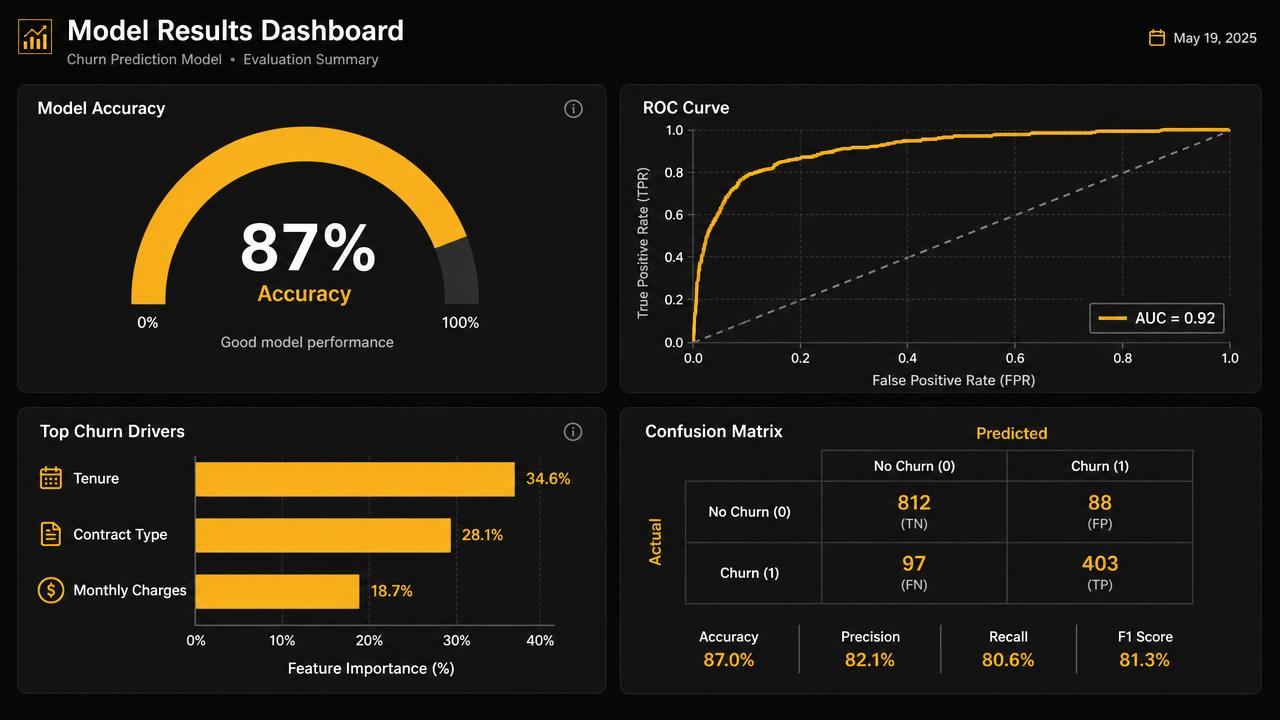 Model results dashboard showing 87 percent accuracy, an ROC curve with AUC 0.92, top churn drivers tenure, contract type and monthly charges, and a confusion matrix.